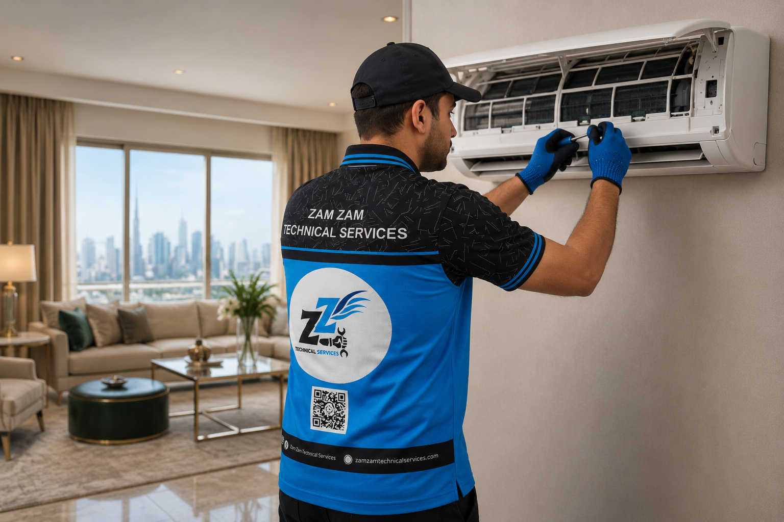 Professional technician repairing a wall-mounted air conditioner in a modern Dubai home, providing reliable AC repair Dubai, air conditioner repair Dubai, and fast AC repair near me services.