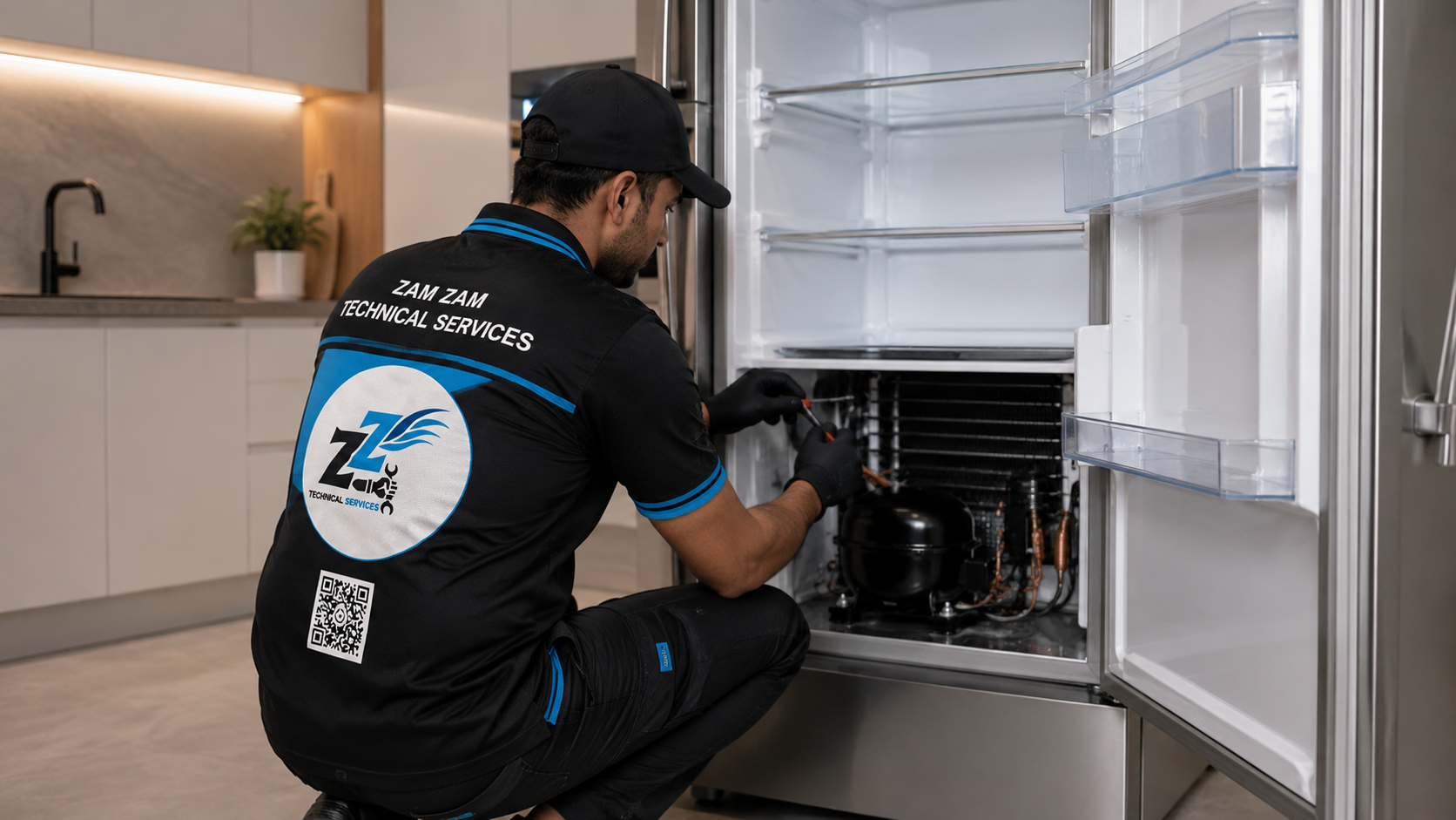 Technician repairing a modern refrigerator in a Dubai home, providing professional refrigerator repair and fridge maintenance services.